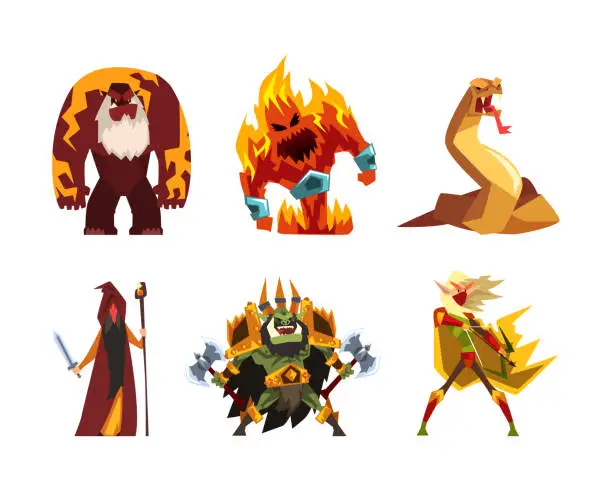 Vector illustration of Fantastic Magical Creature Character and Monster with Wizard, Burning Flame, Serpent, Archer and Bigfoot Vector Set