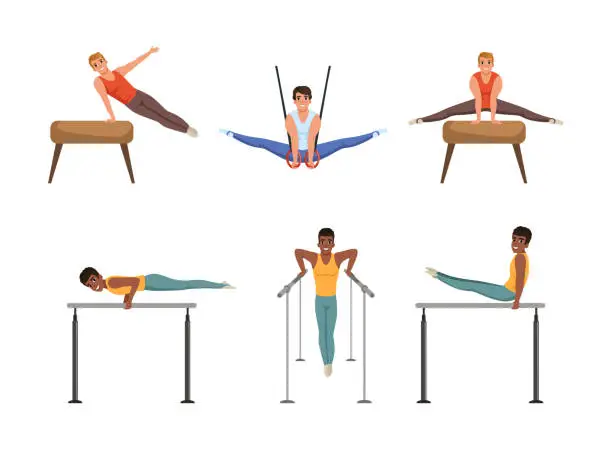 Vector illustration of Young Man Training on Different Gymnastics Apparatus Like Horizontal and Parallel Bars Vector Set