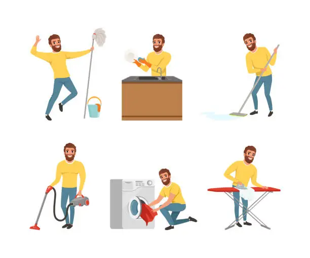Vector illustration of Happy Bearded Man in Yellow Sweater Vacuum Cleaning, Washing Dishes, Mopping, Ironing and Doing Laundry Vector Set