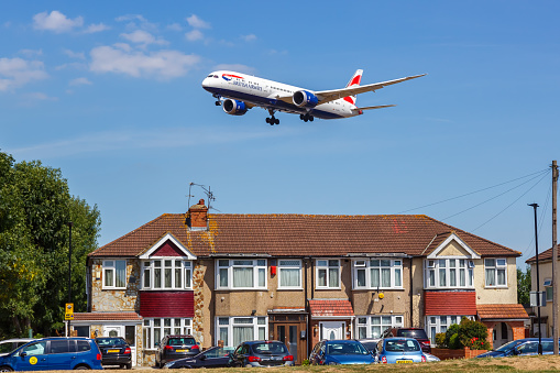 London, United Kingdom - August 1, 2018: British Airways Boeing 787-9 Dreamliner airplane aircraft noise at London Heathrow Airport (LHR) in the United Kingdom.