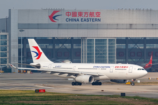 Shanghai, China - September 28, 2019: China Eastern Airlines Airbus A330-200 airplane at Shanghai Hongqiao Airport (SHA) in China. Airbus is a European aircraft manufacturer based in Toulouse, France.