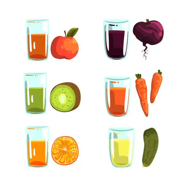 Vector illustration of Glass of Fresh Squeezed Juice with Fruit and Vegetable Ingredient Rested Nearby Vector Set