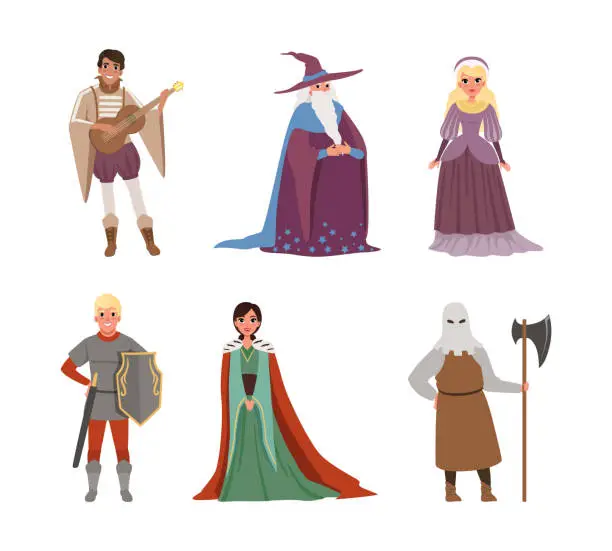 Vector illustration of Medieval People Characters with Bard, Wizard, Queen and Executioner in Mask Vector Illustration Set