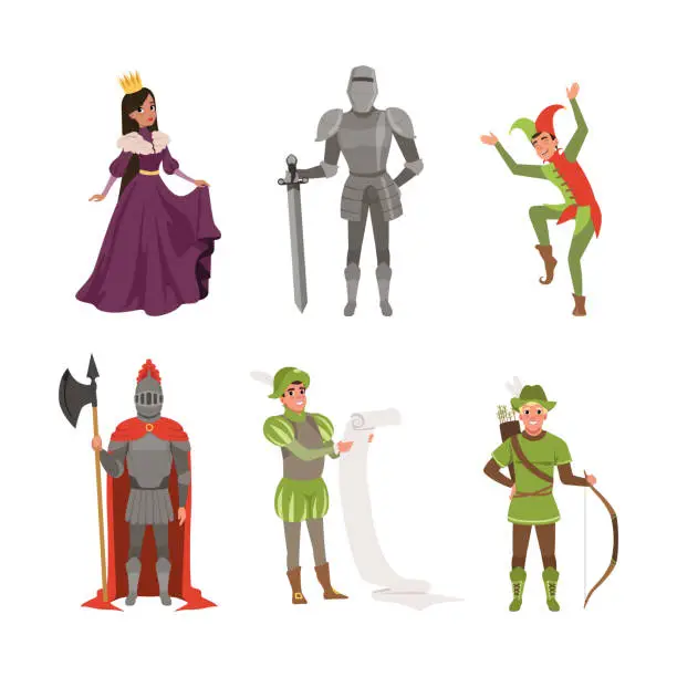 Vector illustration of Medieval People Characters with Queen, Knight in Armour, Jester, Archer and Herald Vector Illustration Set