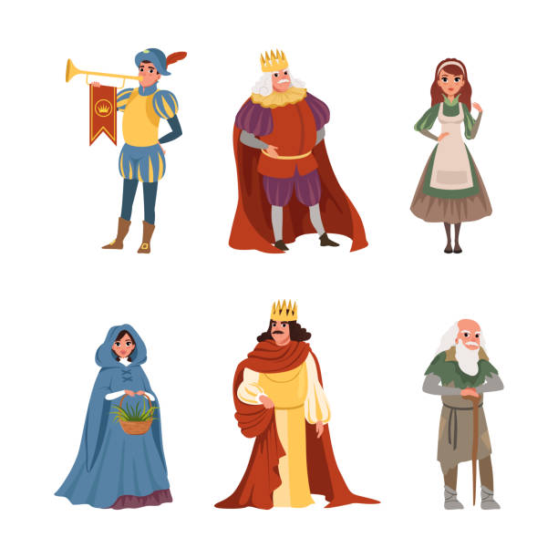 средневековые персонажи с вестником с трубой, король с мантией и короной и крестьянин векторные иллюстрации набор - renaissance period stock illustrations
