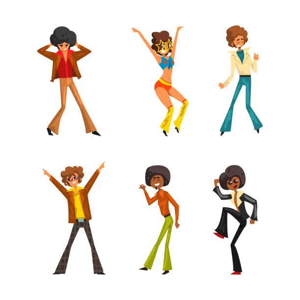 Vector illustration of People Character Disco Dancing in Retro Style Clothing at Party Vector Set