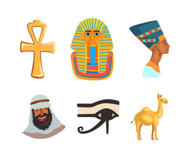 Vector illustration of Egyptian Symbols with Camel, Ankh, Eye of Horus, Nefertiti Bust and Pharaoh Vector Set