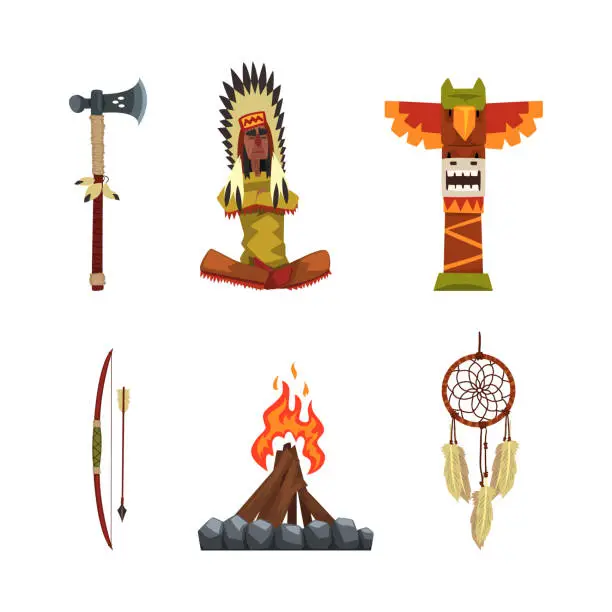 Vector illustration of Authentic Items and Tools of Native Americans with Hatchet, Totem, Bow, Arrow, Dreamcatcher, Bonfire and Shaman Vector Set