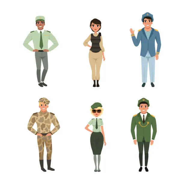 Vector illustration of Man and Woman Standing in Military Uniform Vector Set