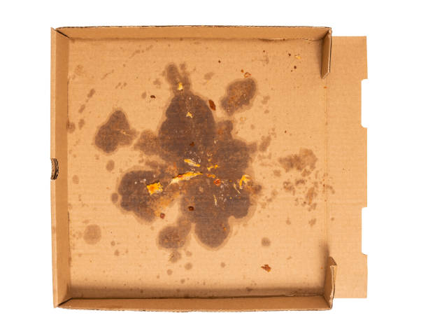 Empty Pizza Box With Grease Stains Isolated On White stock photo