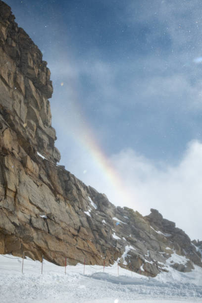 Magical mountains in Austria. Snow crystals fly through the air forming a rainbow.  Hintertux - Gefrorene Wand