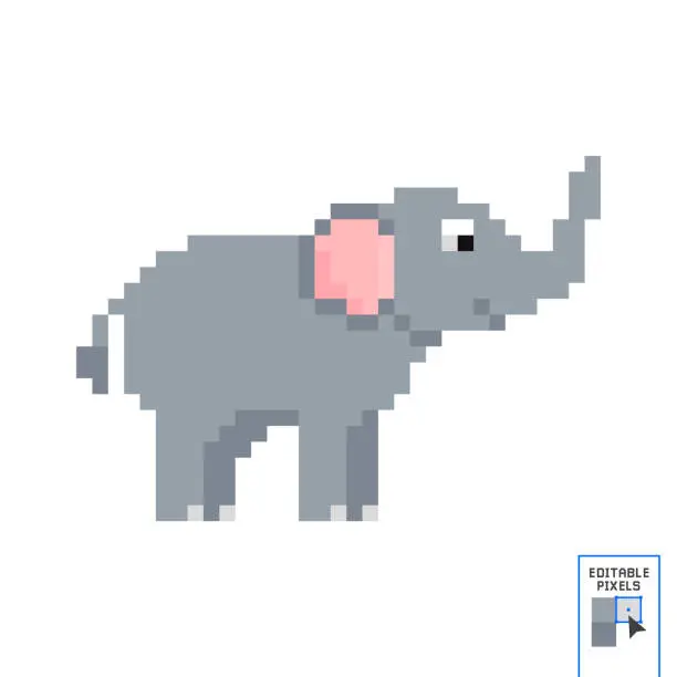 Vector illustration of Vector illustration of cartoon Elephant. Pixel design. Flexible Editable vector elephant head pixel art for game development, graphic design, website assets and more.