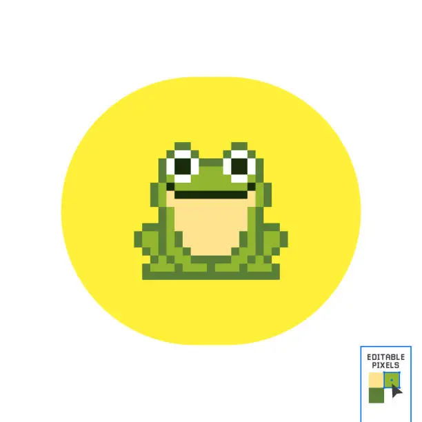 Vector illustration of 8 bit pixel green frog. Pixel animals in vector illustrations for cross stitch pattern and game assets. Vector illustration