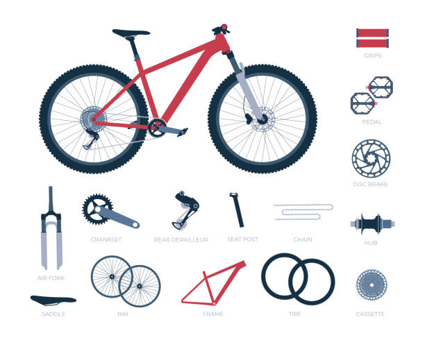 Mountain bike with a set of parts and titles Mountain bike with a set of parts and titles. Collection of bicycle elements. Vector realistic isolated illustration in flat style chainring stock illustrations