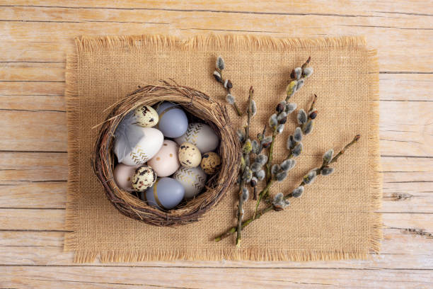 istock Easter eggs in nest on the sackcloth with willow twigs. Easter festive background. Top view, flat lay 1471946967