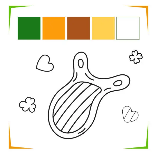 Vector illustration of Doodle harp, clover Coloring Page. Vector Educational worksheet colored by sample. Paint game.