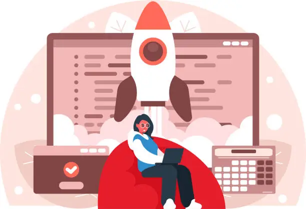 Vector illustration of Female programmer launches a startup