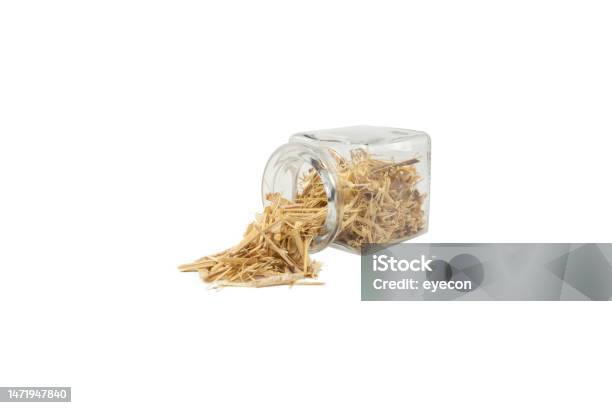 Siberian Ginseng In Latin Eleutherococcus Senticosus Falling Out Of A Glass Jar Isolated On White Background Medicinal Herb Stock Photo - Download Image Now