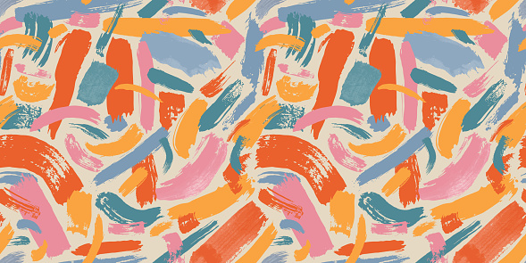 Colorful abstract brush stroke painting seamless pattern illustration. Modern paint line background in fun summer color. Messy graffiti sketch wallpaper print, freehand rough hand drawn texture.