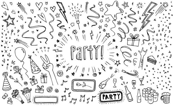 Party invite sketch doodle drawing Simple sketch doodle drawings on paper of different birthday party anniversary celebration themed ideas for use on cards or invitation designs pencil art cartoons stock illustrations