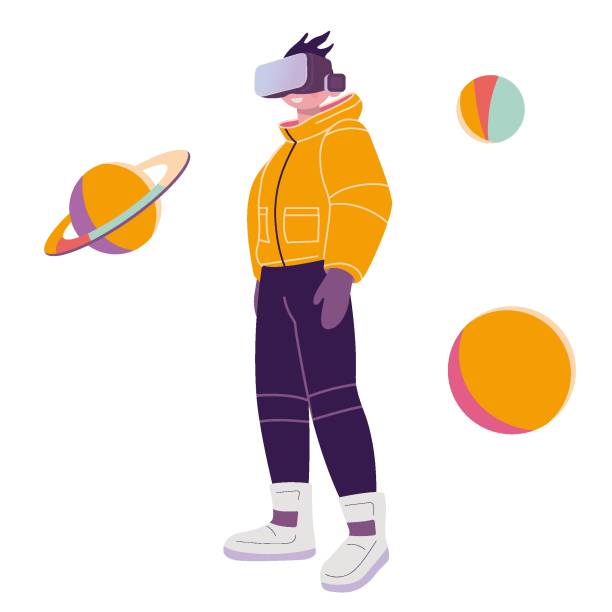 istock Boy in VR glasses and Space suit with planets, cartoon style. Concept of virtual reality technology, metaverse. Trendy modern vector illustration isolated on white background, hand drawn, flat 1471949595