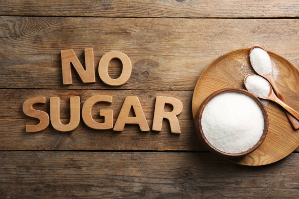 istock Flat lay composition with phrase No Sugar on wooden table 1471955217