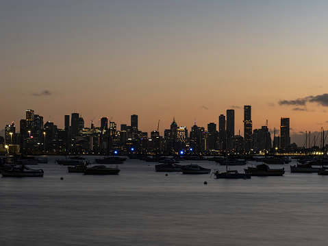 Melbourne skyline and Hobsons Bay Marina at Williamstown at sunrise