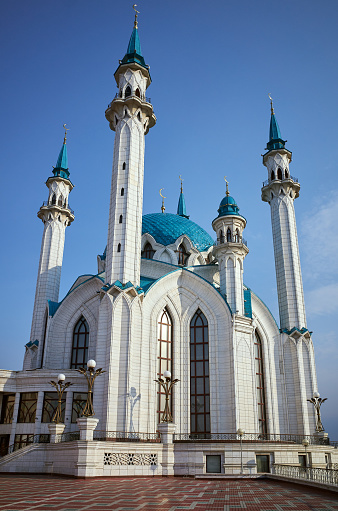 The landmark in downtown Kazan city Kul Sharif Mosque (Qol Sharif Mosque) on a sunny day at blue sky