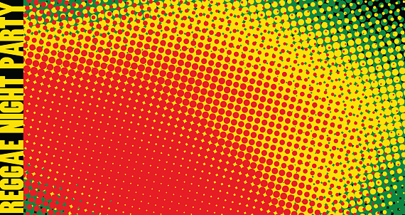 Halftone background for reggae night party flyer in rasta colors. Vector graphic pattern. CMYK colors