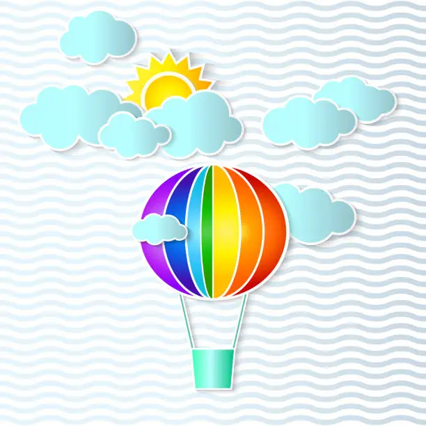 Vector illustration of Nursery Room Poster with Multi Colored Hot Air Balloon and Clouds. Childish Background, Design Element for Baby Shower Invitation Cards.
