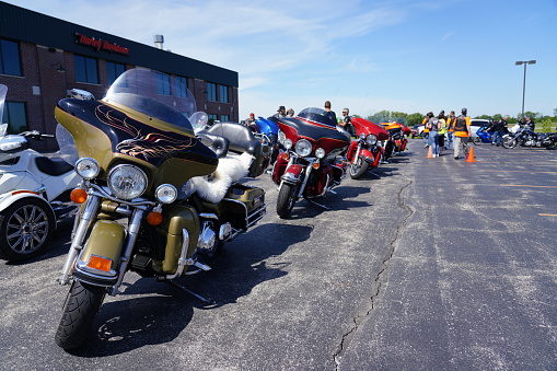 Lomira, Wisconsin / USA - June 22nd, 2019: Harley Davidson motorcycle support riders of the Fond du Lac, Wisconsin convoyed together for their annual ride.