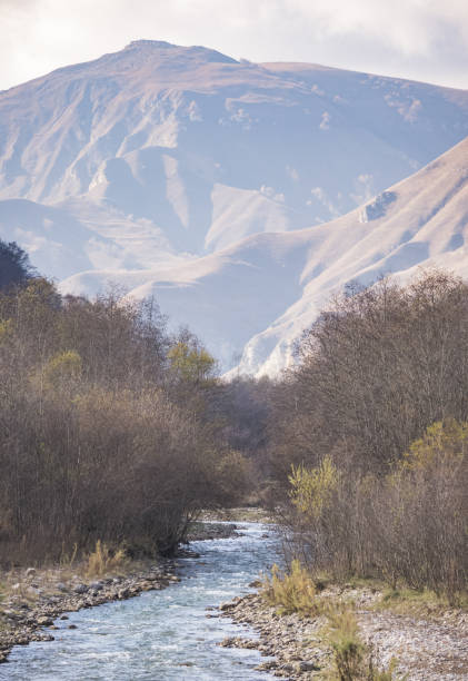 istock The river flows in a mountain valley between the ridges in autumn against the backdrop of rocky mountain cliffs, an evening view in the mountains 1471964423