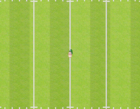 An American football on the centre line in a stadium with posts on a marked green grass pitch in the daytime - 3D render