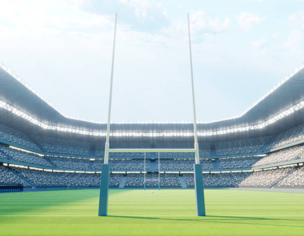 Rugby Stadium with Rugby Ball stock photo