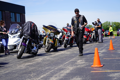 Lomira, Wisconsin / USA - June 22nd, 2019: Harley Davidson motorcycle support riders of the Fond du Lac, Wisconsin convoyed together for their annual ride.