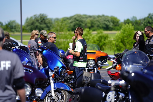 Lomira, Wisconsin / USA - June 22nd, 2019: Harley Davidson motorcycle support riders of the Fond du Lac, Wisconsin convoyed together for their annual ride.