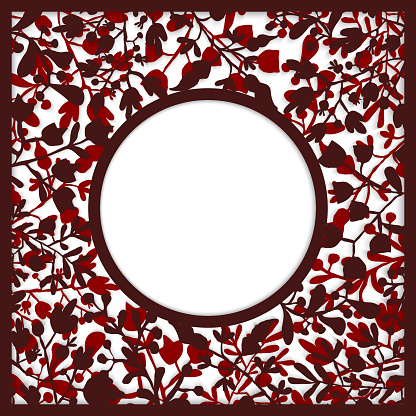 Red floral paper-cut art with two layers and shadow. Elegant frame for greeting cards (birthday, valentine's day), wedding and engagement invitation card template. Paper cut abstract background.