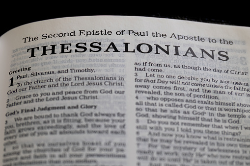title page from the book of Thessalonians in the bible or torah for faith, christian, jew, jewish, hebrew, israelite, history, religion