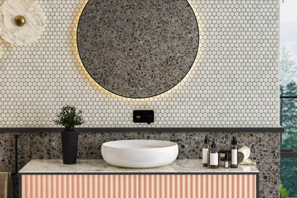 istock Bright modern bathroom with vanity unit, white sink, oval mirror, pool, terrazzo wall and floor, forest view from window, a wall for bathroom furniture mock up. Close up. 3d Rendering 1471974038
