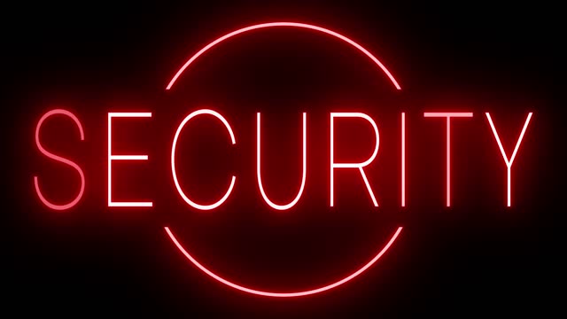 Glowing and blinking red retro neon sign for SECURITY