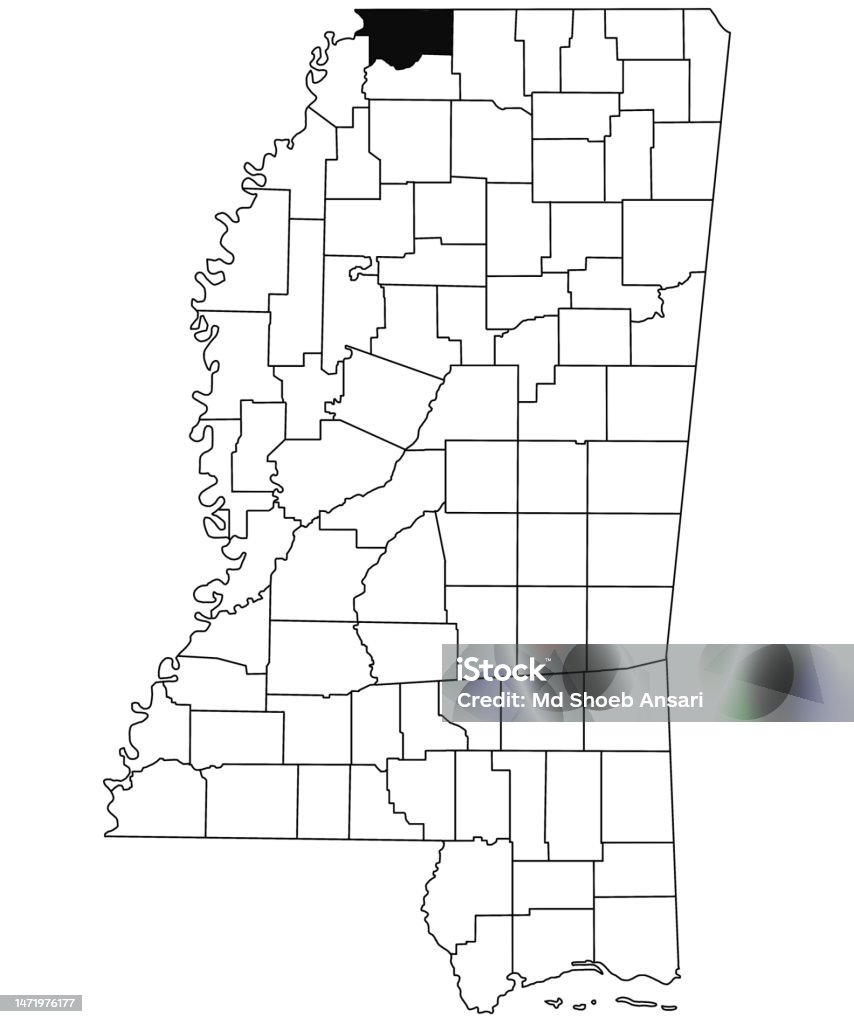 白い背景にミシシッピ州のデソト郡の地図ミシシッピ州の地図で黒色で強調表示された単一の郡の地図アメリカ合衆国米国 アメリカ合衆国のベクター