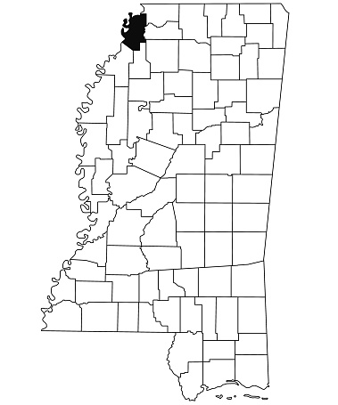 Map of Tunica County in Mississippi state on white background. single County map highlighted by black colour on Mississippi map. United States of America, US