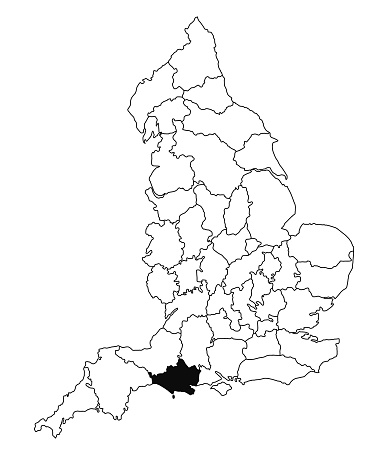 Map of Dorset County in England on white background. single County map highlighted by black colour on England administrative map.. United Kingdom, Britain, UK