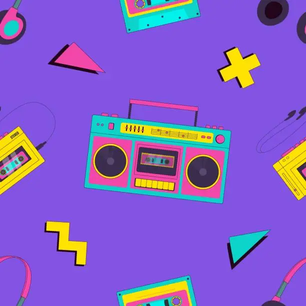 Vector illustration of Retro 90s boombox, audio player, cassette, headphones, geometric shapes, music seamless pattern