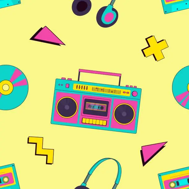 Vector illustration of Retro 90s boombox, audio cassette, headphones, disk, geometric shapes, music seamless pattern