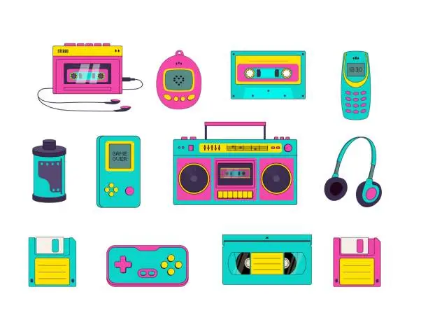 Vector illustration of Set of 90s elements in modern style. Old-fashioned Audio player, cassette, floppy disk, boombox, push-button telephone, game console vector illustration