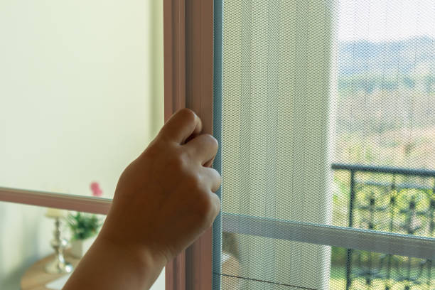 家の窓にプリーツ蚊帳ワイヤースクリーンハンドルを手で保持する - mosquito mosquito netting protection insect ストックフォトと画像