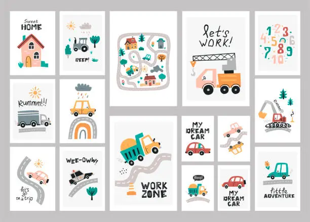 Vector illustration of Big set of posters with cute nursery cars.