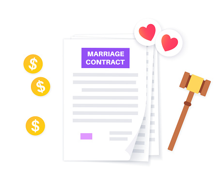 Legal marriage contract. Prenuptial agreement or prenup signed by a man and a woman. Document with rights and responsibilities of a married couple. Civil union registration flat vector illustration.
