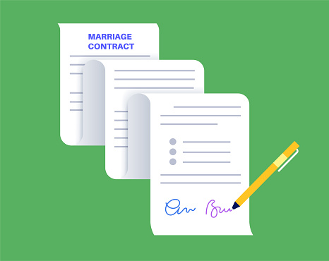 Legal marriage contract. Prenuptial agreement or prenup signed by a man and a woman. Document with rights and responsibilities of a married couple. Civil union registration flat vector illustration.